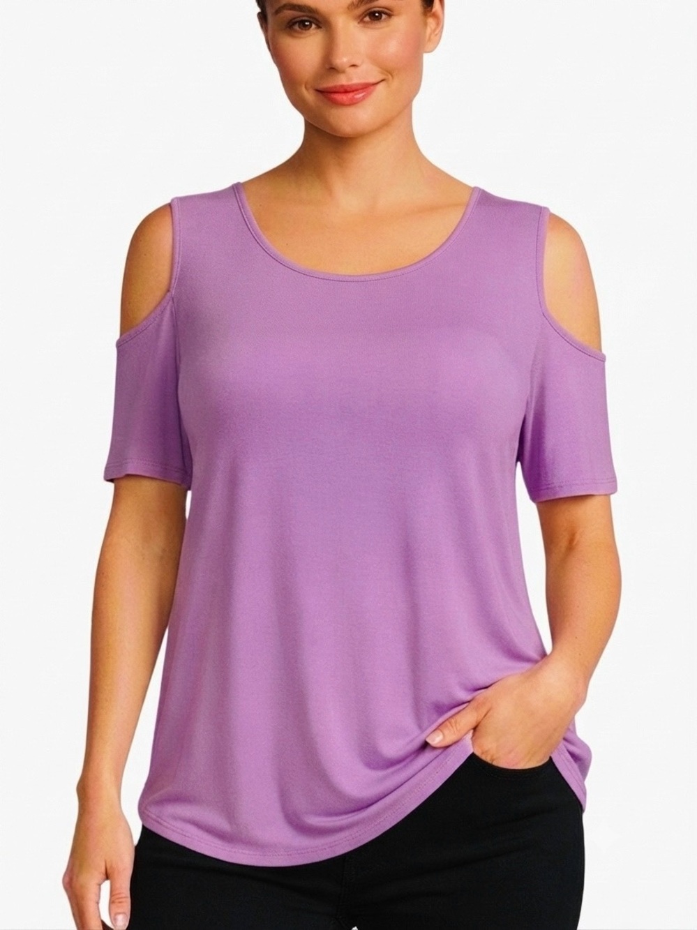 VIAMOR Boutique Plus Lilac Open Shoulder Cross Back Short Sleeve Top Women’s 2X